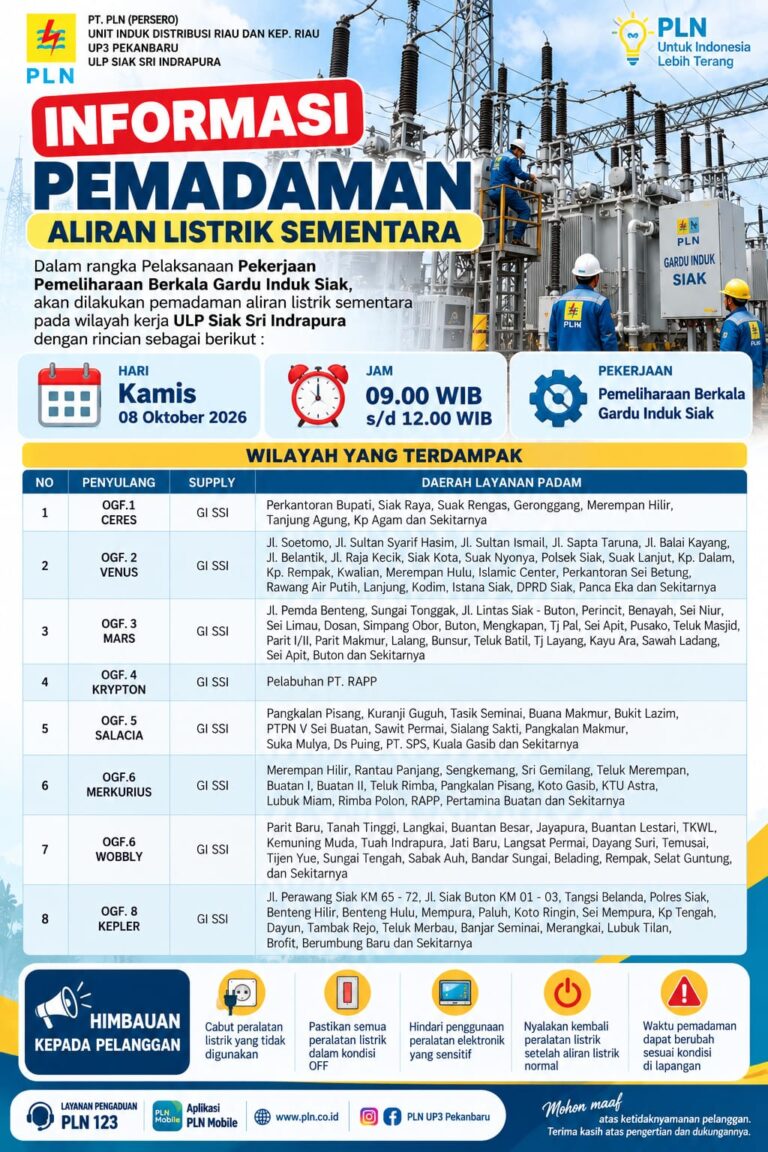 PLN Lakukan Pemeliharaan Gardu Induk Siak, Listrik Padam Sementara Kamis 8 Oktober 2026